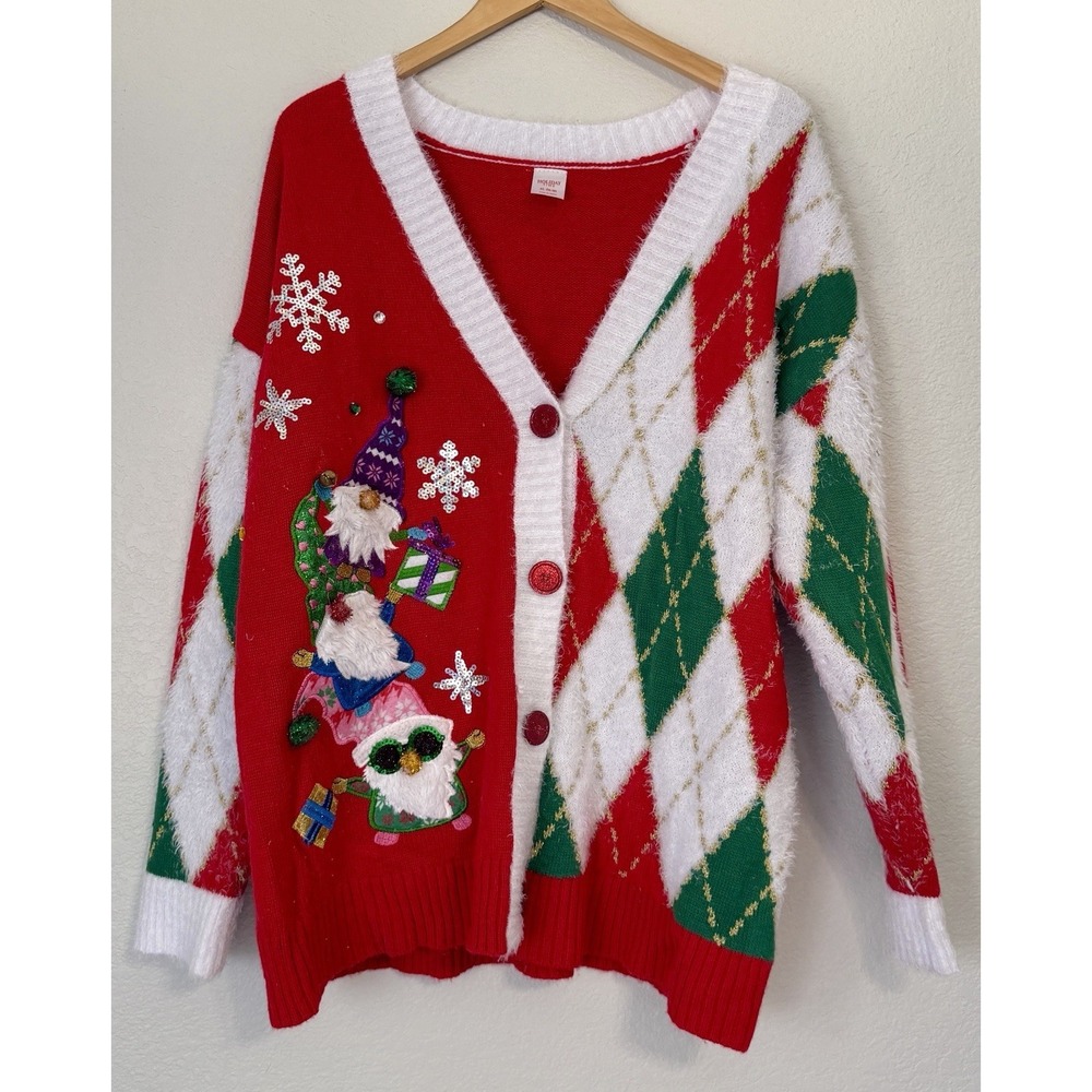 Holiday Time XL Ugly Christmas Cardigan Gnome Sweater Red Green Fuzzy Knit